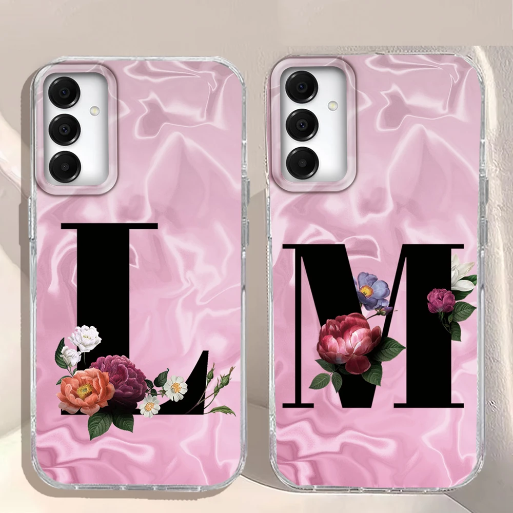 A-Z Black Letter Peony Flower ﻿Shockproof Phone Case For Samsung Galaxy A07 A17 A06 A16 A26 A36 A56 A12 A22 Shell Couple Cover