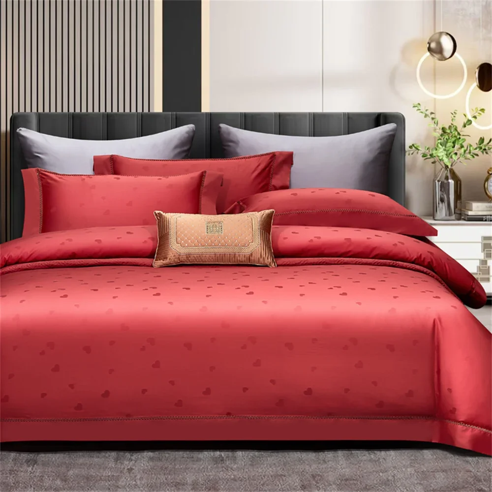 Svetanya Nordic Red Egyptian Cotton Satin Jacquard Embroidery bedding set King Queen Bed Lines Elastic Sheet Duvet Cover