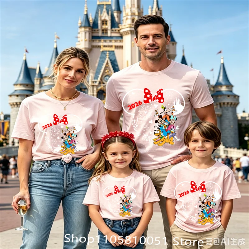 2026 Disney Castle Mickey Ear Print T‑Shirt Family Matching Short Sleeve Tops Casual Holiday Trip Tees Women Men Summer