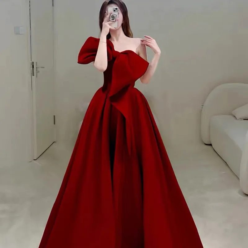 Female Big Bow Dress Sexy Chest Wrapping Qipao Bridal Burgundy Wedding Party Dresses Chinese Traditional Engagement Clothes