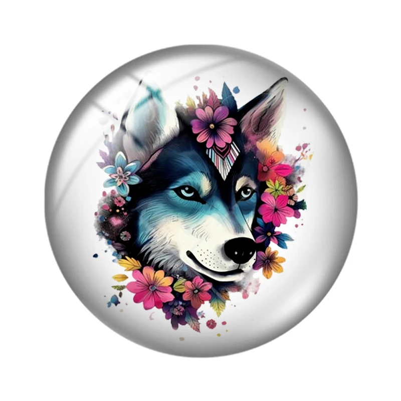 Wolf in flowers Watercolor  12mm/18mm/20mm/25mm Round photo glass cabochon demo flat back Making findings