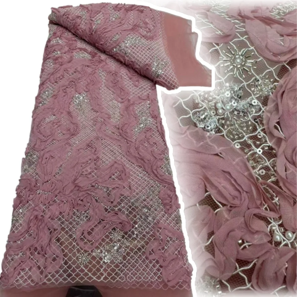 

3D Feather Fashion African Lace Embroidery Beaded Lace Fabric 2025 High Quality French Nigerian Sequin Fabric Dress Sewing A1555
