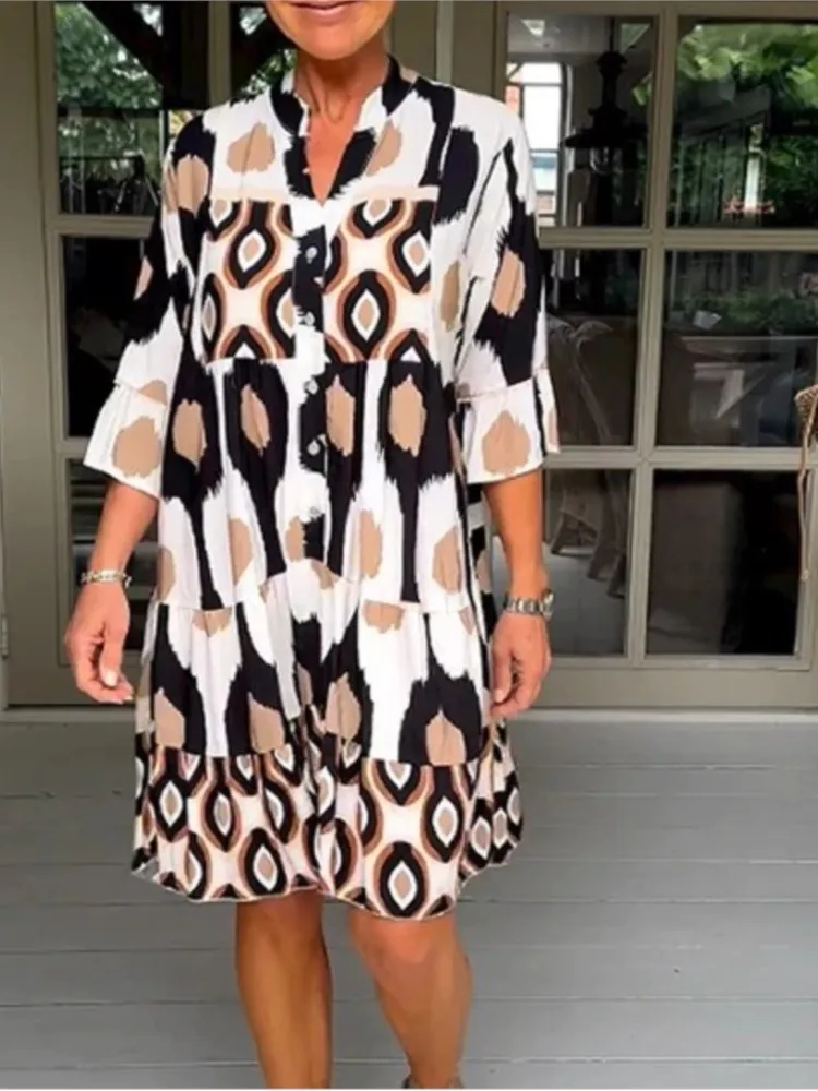 

Fashion Print Dress Lady Casual V Neck Three Quarter Button Loose Dresses For Women Boho Vintage Holiday Womens Clothing Summer