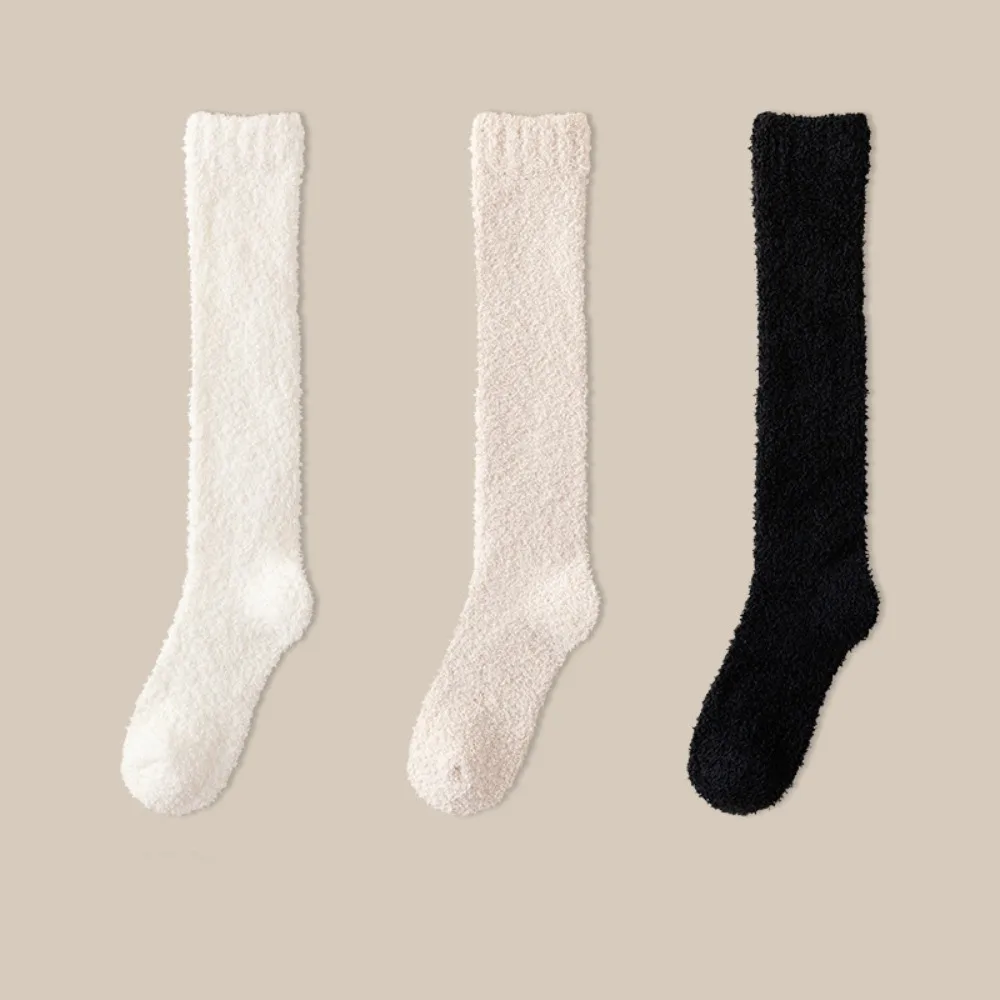 3Pairs Simple Coral Fleece Socks Sleeping Winter Knee High Stockings Comfortable Hosiery Floor Plush Socks For Female Men