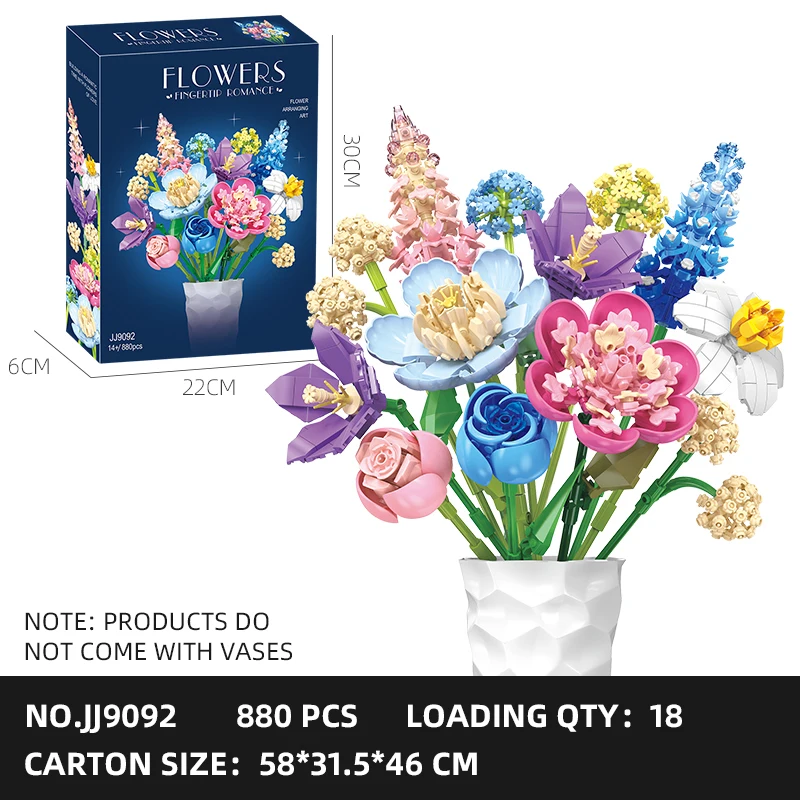 

JJ9092 Plant Series 880PCS Blue Rose Everlasting Flower Pink Rose Model Assembled Girls Building Blocks Toy Flower Gift