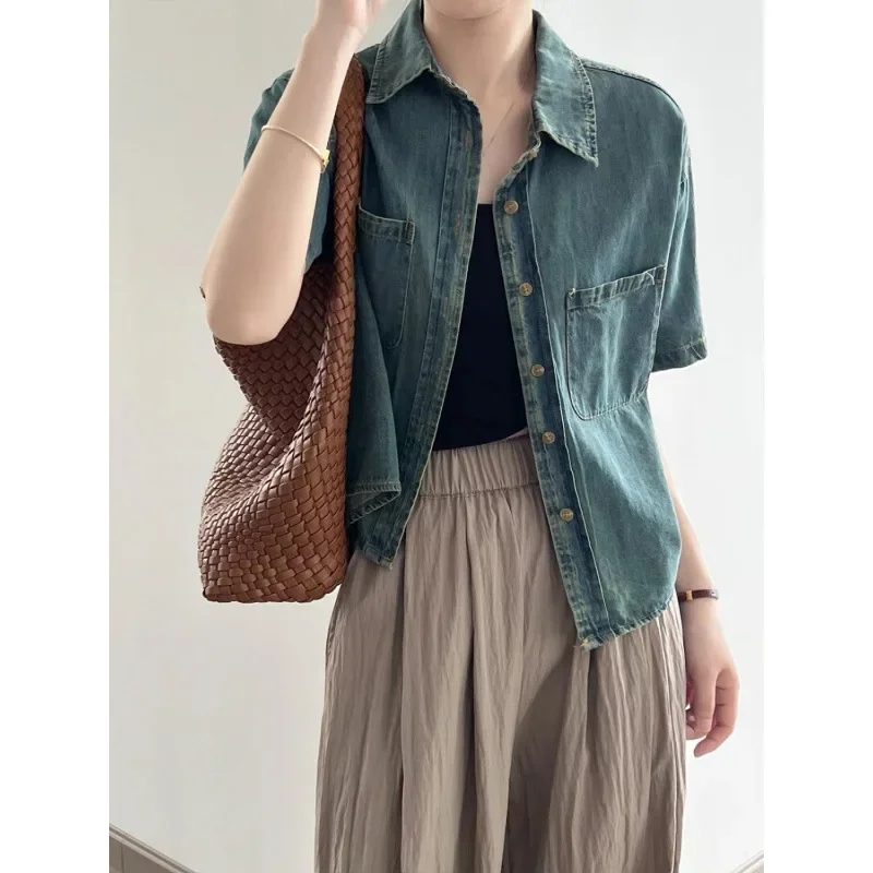 

Temperament retro short-sleeved denim shirt jacket women's clothing 2025 summer short Korean version loose fashion shirt
