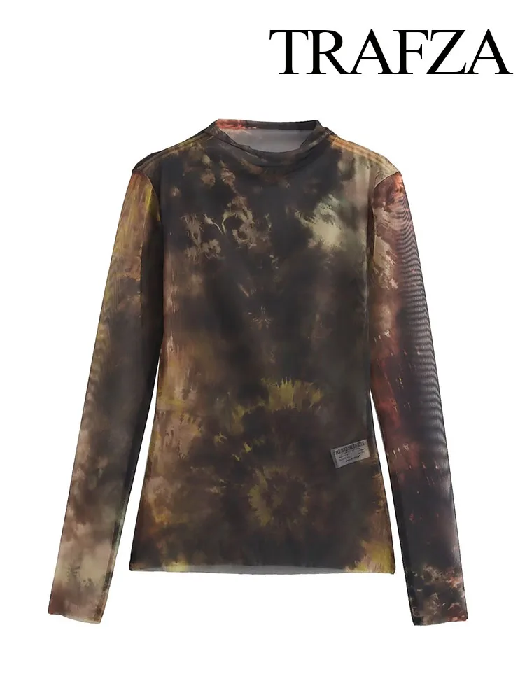 Trafza Vrouwen Herfst Mode Tops Halve Coltrui Tule Lange Mouw Print Decoratie Dames 3-kleuren Veelzijdige Streetwear Top