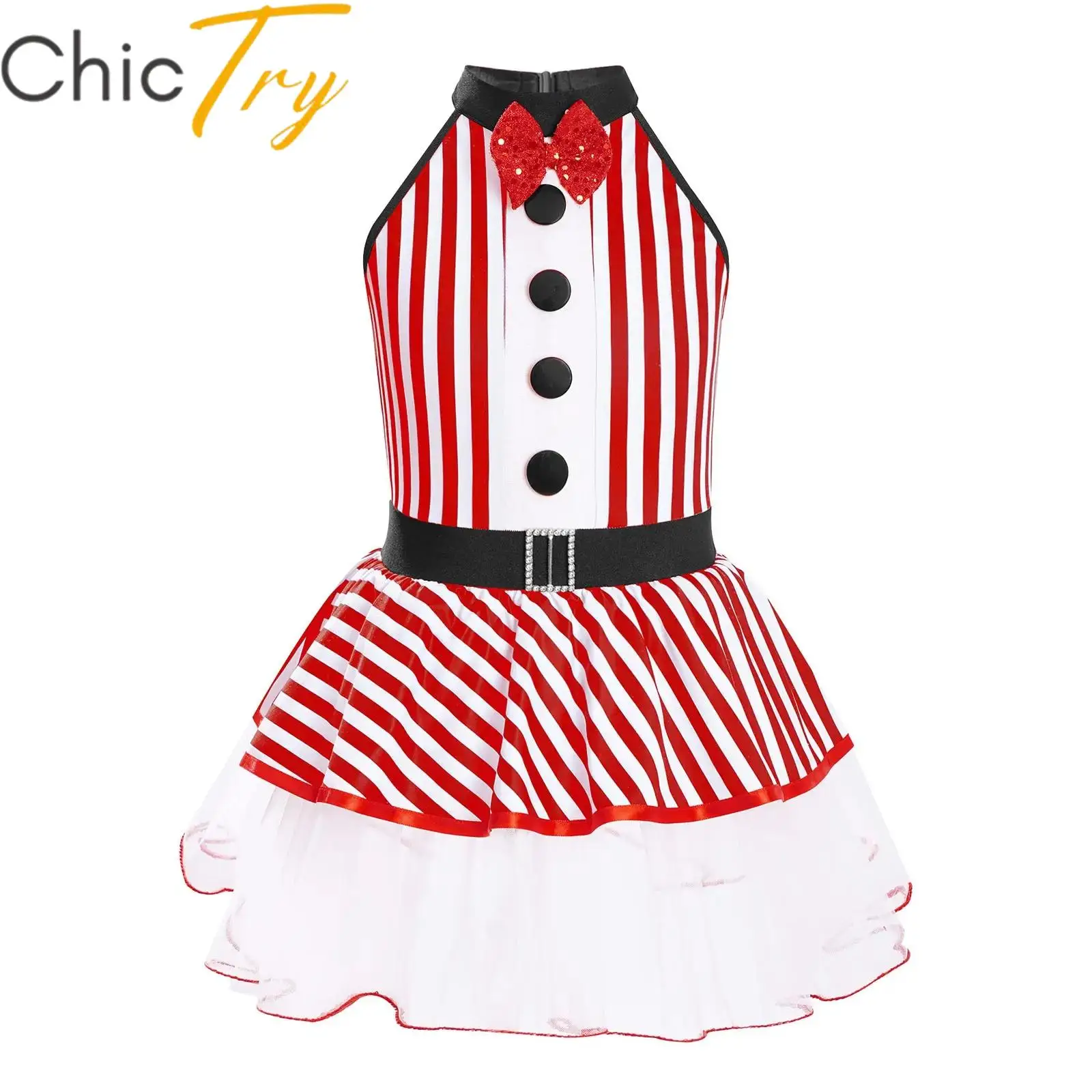 

Kids Girls Striped Ballet Dress Halter Sequined Bowknot Skirted Leotard for Halloween Circus Cosplay Costume Stage Performance