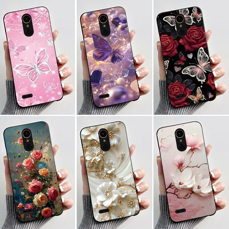 Capa de Telefone para LG K10 2017 M250 M250N X400 Capa Luxuosa com Flores e Borboletas em TPU Macio Silicone Preto Funda Coque