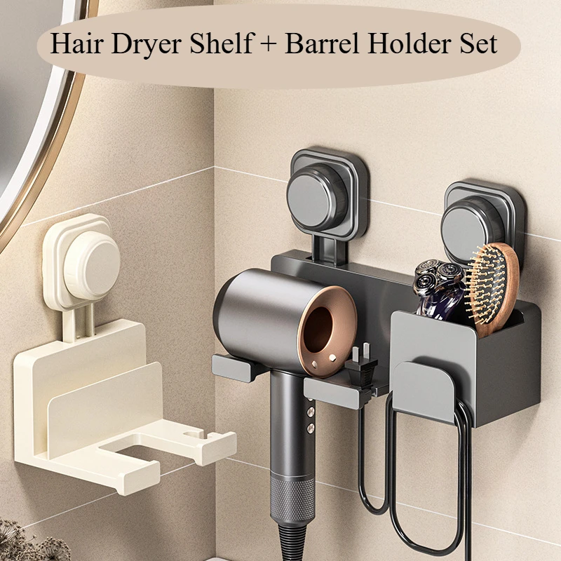 

Bathroom Shelves Suction Cup Hair Dryer Holder Shelf No Drilling Barrel Multifunctional Shelf Wall Mount Storage Accessories