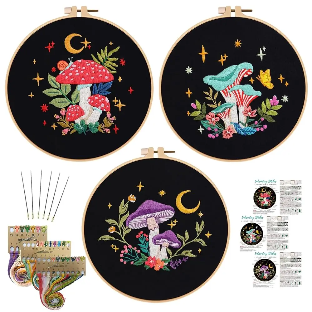 

Набор для вышивания (3 шт.) для начинающих взрослых, с вышитым рисунком грибов, пяльцами, нитками, иглами и пошаговыми инструкциями
