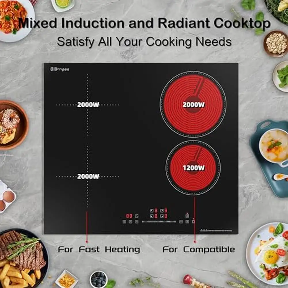 Electric Cooktop Hybrid Slider Touch Control Radiant Ceramic 4 Burners 24 Inch Built-in Energy-saving Efficient Heating Elements