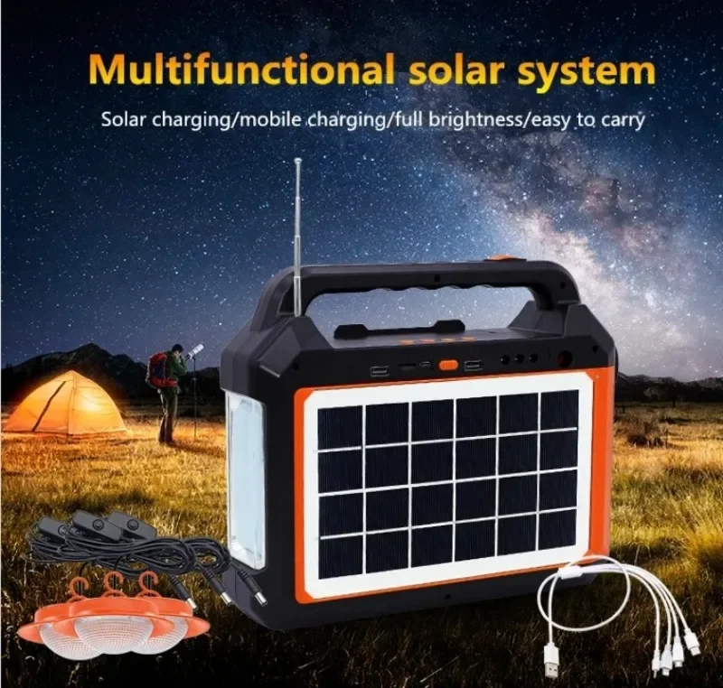 Portable Rechargeable Outdoor Solar Lighting Power Generation System Solar Panel Speaker Outdoor Power Supply with 3pcs Bulbs