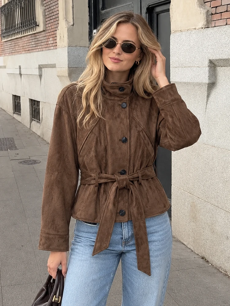 HH Party Brown Faux Suede Jacket Women Fall Stand Collar Belted Waist Single Breasted Cropped Glamorous Chic Trendy Jacket