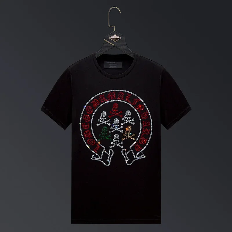 

2025 Skulls Rhinestones T Shirts Men Brand Fashion Streetwear O Neck Short Sleeve Slim Modal Cotton Mens Tshirts Plus Size 6XL