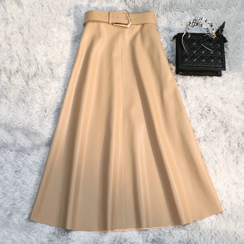 Seoulish 2024 Vintage PU cuero faldas largas de las mujeres otoño elegante Oficina señora A-Line cintura alta faldas casuales sólidas Mujer