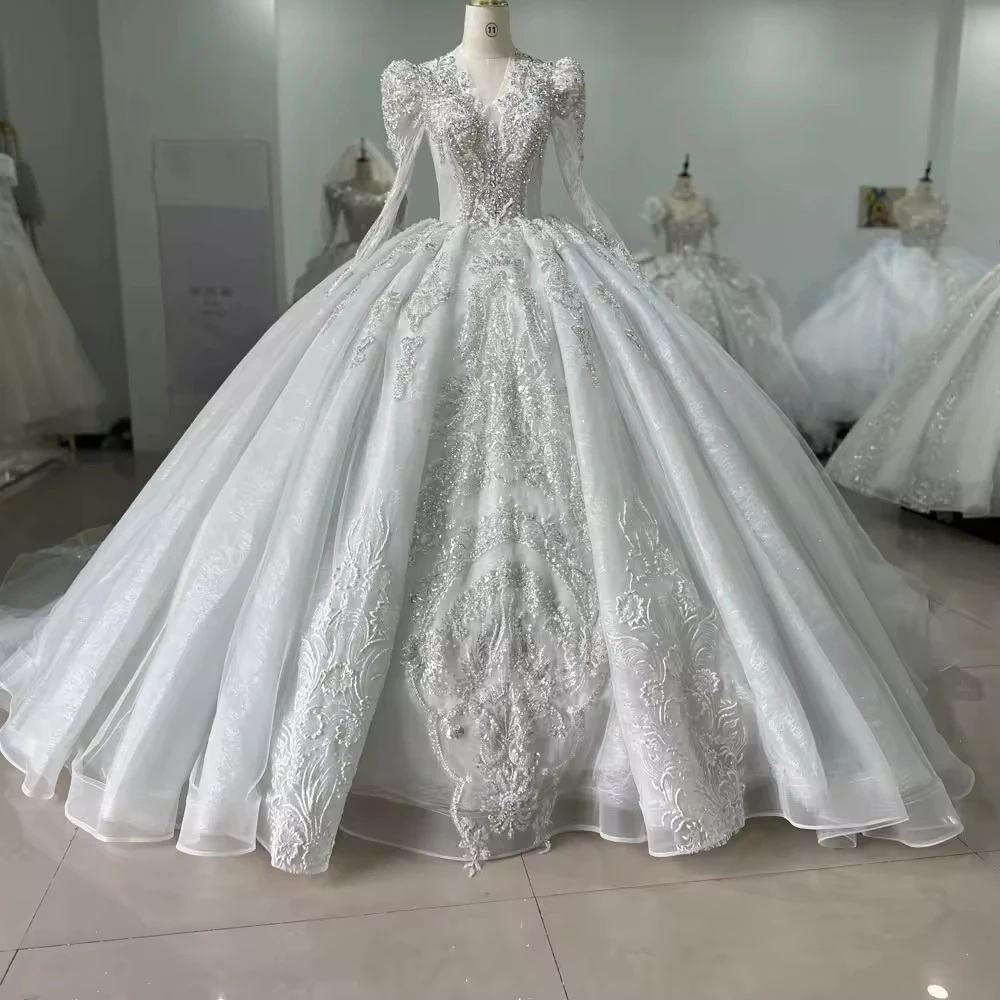 

Vestido Para Boda Civil Ball Gown Wedding Dress V-Neck Long Sleeve Lace Up Back Beading Sequined Elegant Wedding Dress