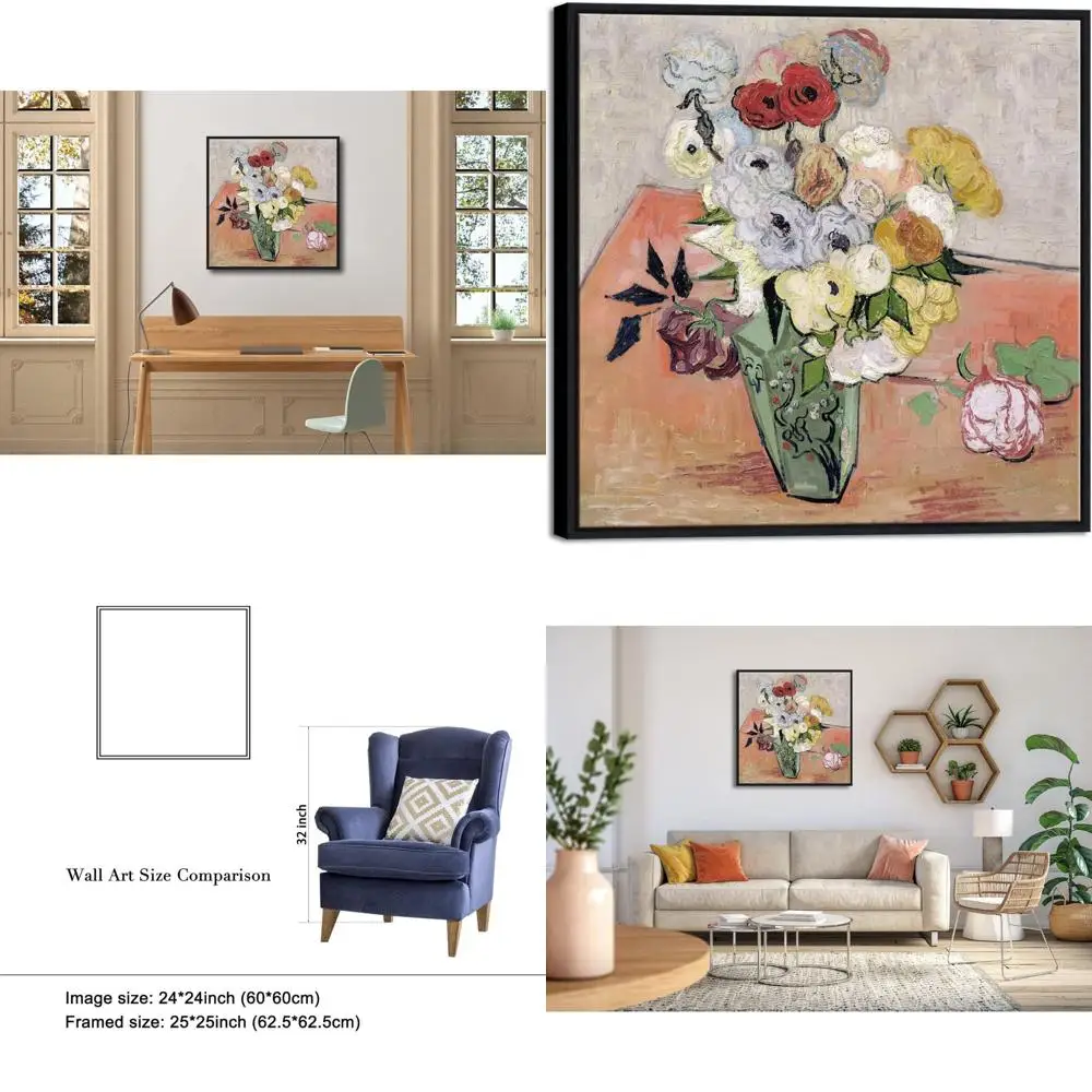 

Японская ваза с розами и анемонами Ван Гога, художественная репродукция в рамке для декора дома и офиса