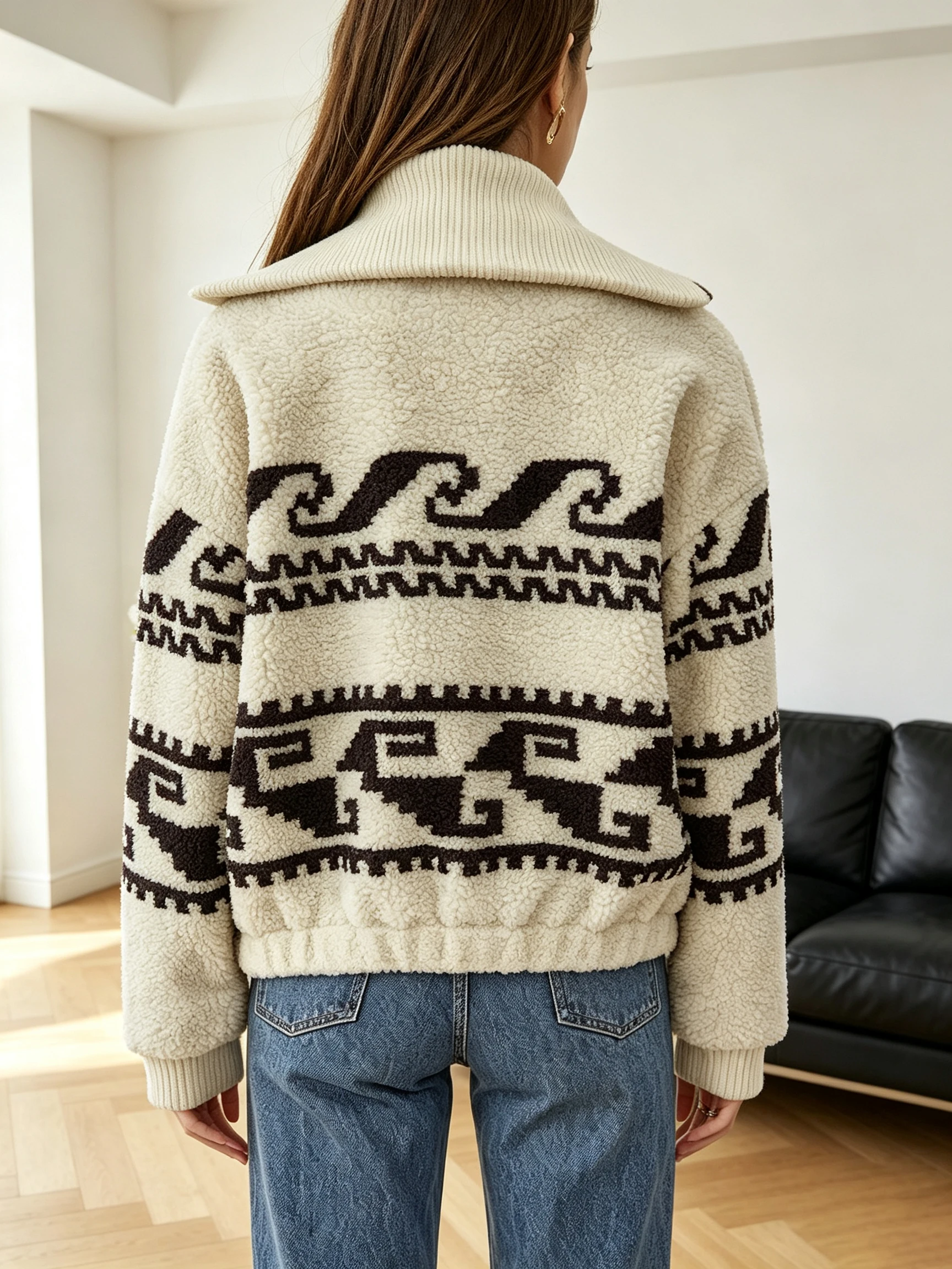 Women Fall Winter Loose Long Sleeve Faux Fur Jacket Zip Up Patchwork Lapel Knit Cuff Colorblock Elegant Casual Daily Date Wear