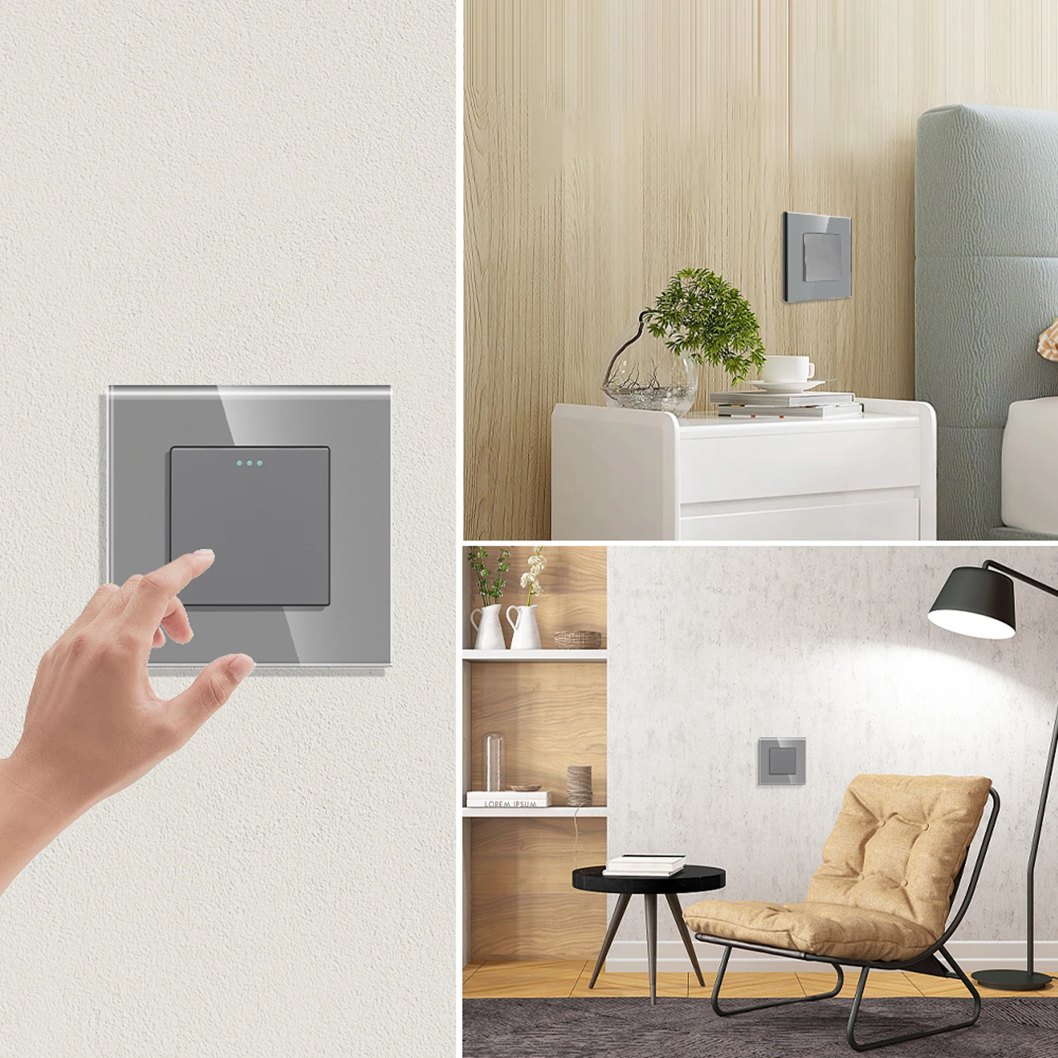 Light Switch LED Indicator gray Crystal Glass Panel 1/2/3Gang Wall Push Button switch EU Socket With Switch 250V