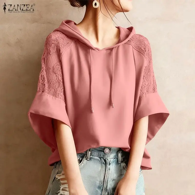 ZANZEA Blus Wanita Atasan Tambal Sulam Renda Tunik 2026 Kemeja Kasual Berkerudung Setengah Lengan Musim Panas Pullover Hoodie Fashion Blusa Solid