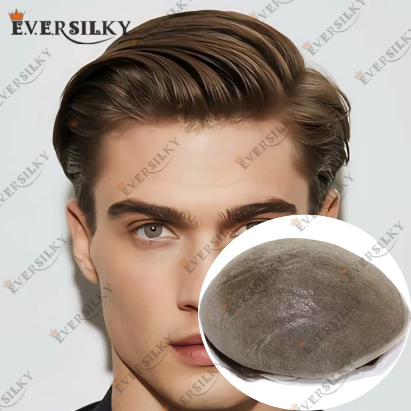 

# 610 # Мужской парик-система замещения волос (тупе) из 100% натуральных волос, коричнево-черный, плотность 80%, тонкая полиуретановая основа 0.02-0.03 мм, прочный, для мужчин