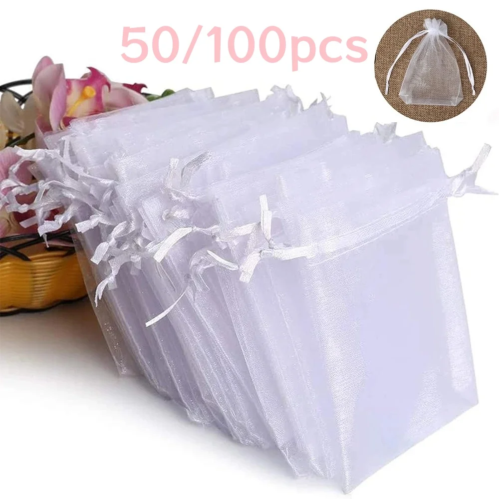 100/50pcs White Organza Bags Jewelry Packaging Wedding Party Gift Bags Drawstring Candy Pouches Christmas Small Bag Storage