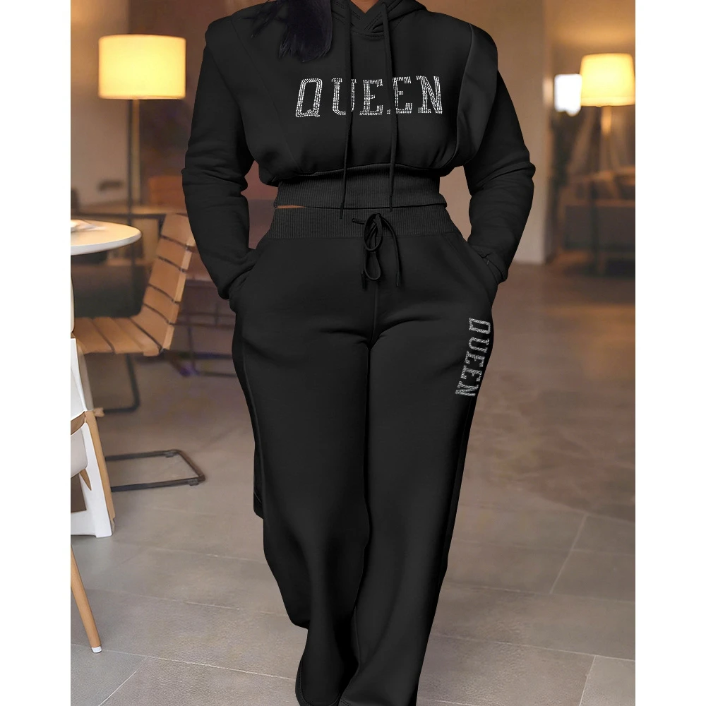 

2 Pieces Outfit 3D Design Crop Drawstring Hoodie Top and Drawstring Wide Leg Sweatpants Set Casual Rhinestone Letter Sweatshirt