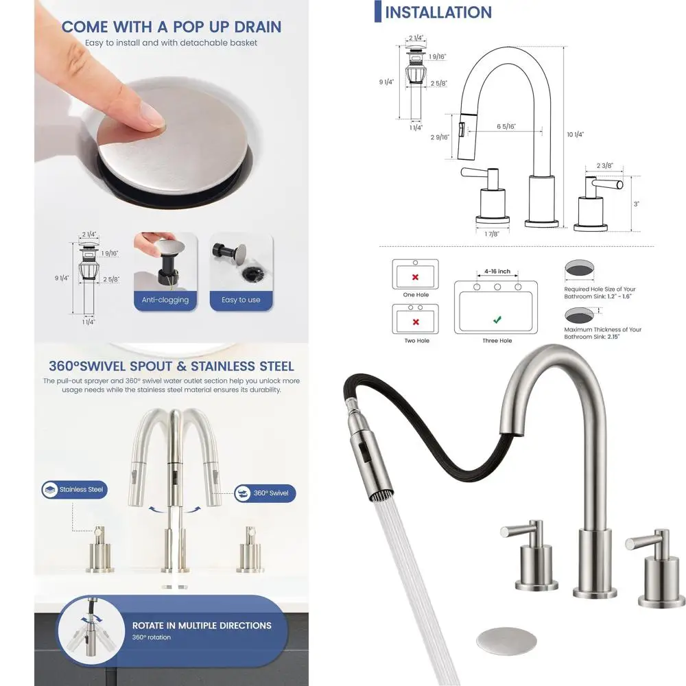 

3-Hole Brushed Nickel Widespread Sink Faucet with Sprayer, 2-Handle Pull-Down Vanity Faucet, Pop-Up Drain & Supply Lines