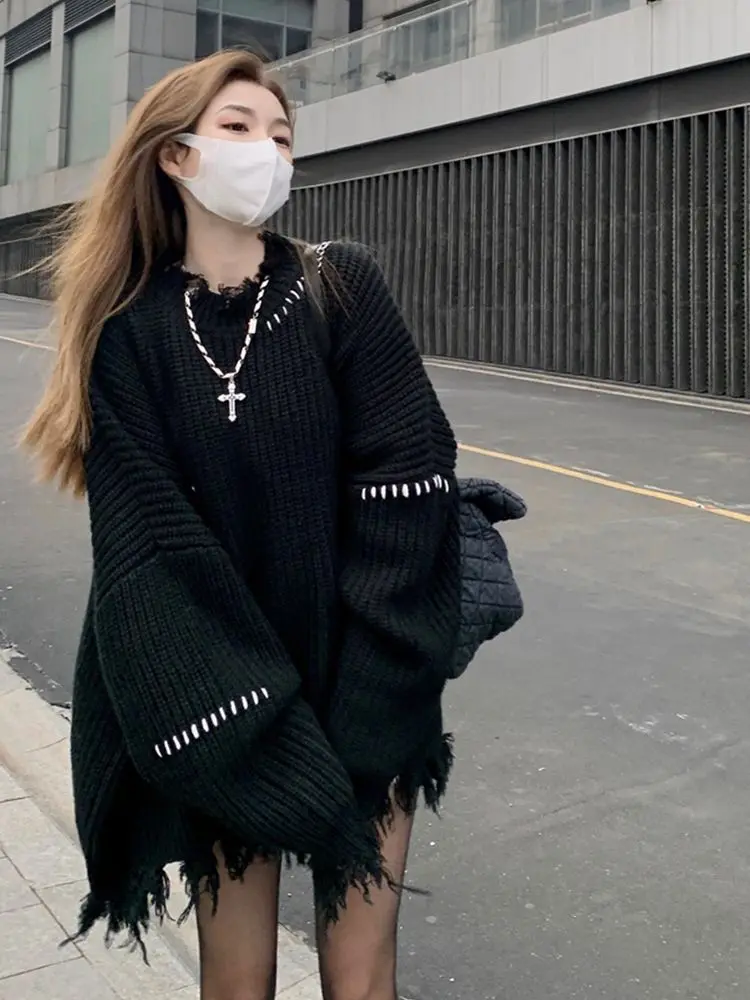 Suéteres negros Harajuku para mujer, jerséis de punto Punk de estilo gótico, jerséis de manga larga con cuello redondo, Tops de moda coreana, Otoño