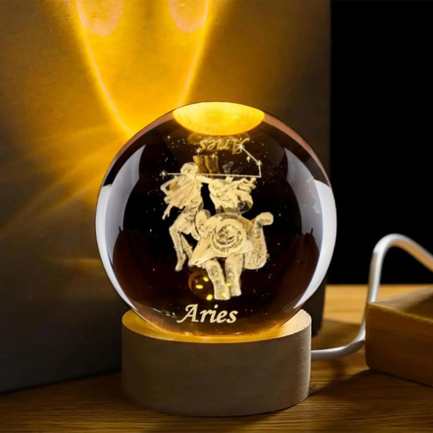 

3D Aries Crystal Ball with Wooden Light Base 60mm Glass Constellation Sphere Decorative Balls Paperweight Gift Home Decoration