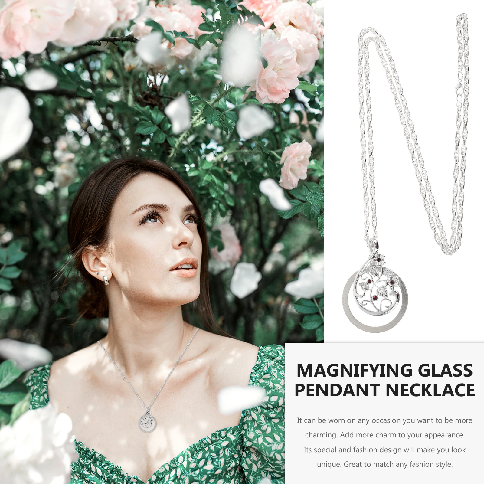 

Silver Reading Magnifying Glass Necklace Pendant for Women Fashion Durable Alloy Glass Lens Suitable Any Occasion