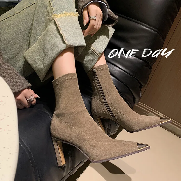 Khaki Suede Women Autumn Ankle Boots Metal Square Toe Elastic Short Botas Black Stretch Fabric High Heels Botines Large Size 42