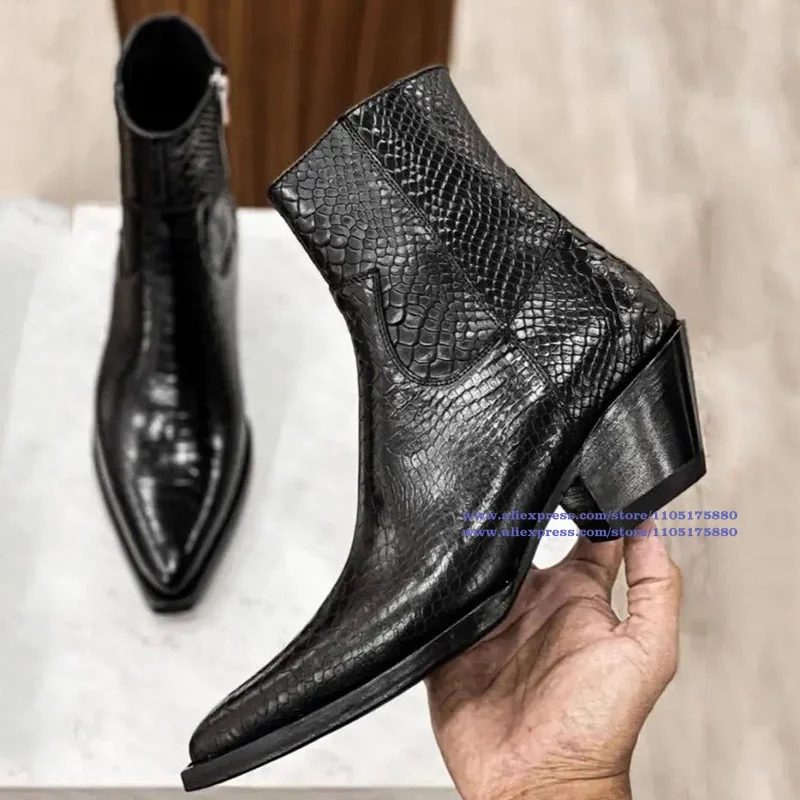 

Snake Pattern Men's Chelsea Boots Pointy Toe Side Zipper Ankle Booties Luxury Designer Trendy Men's Shoes New In Botas Mujer