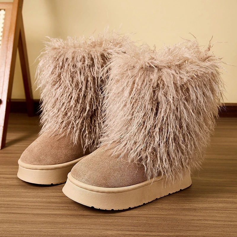 خمر طويلة أفخم الشتاء أحذية النساء الدافئة سميكة أفخم عدم الانزلاق الثلوج أحذية امرأة الانزلاق على منصة مكتنزة منتصف العجل بوتاس 45 #4