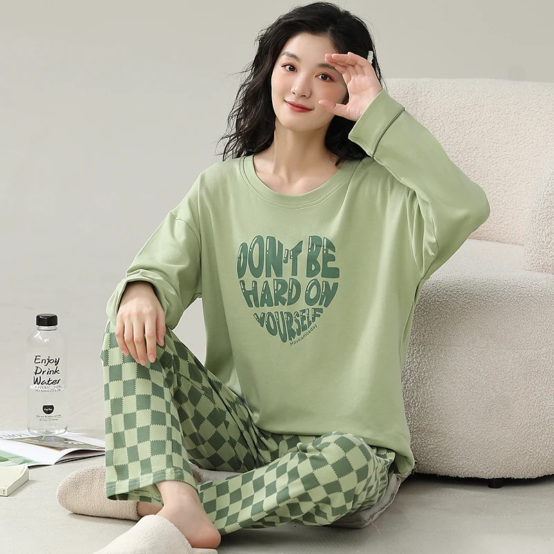 Green Plaid Pajamas Cute Casual Sleepwear Long Sleeves Long Pants Autumn Winter Kawaii Pyjamas Cozy Pijamas Soft Nighty Lady Pjs