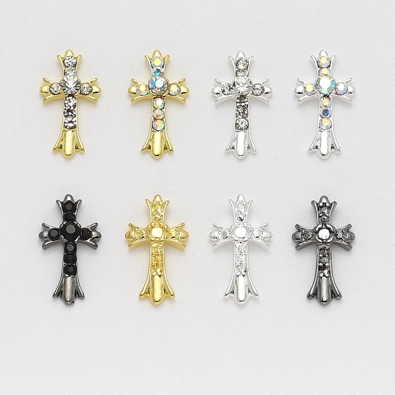 10 stuks 3D goud en zilver retro kruis nagelbedels, legering Rijnsteen, y2k metalen stijl DIY nageldecoratie accessoires