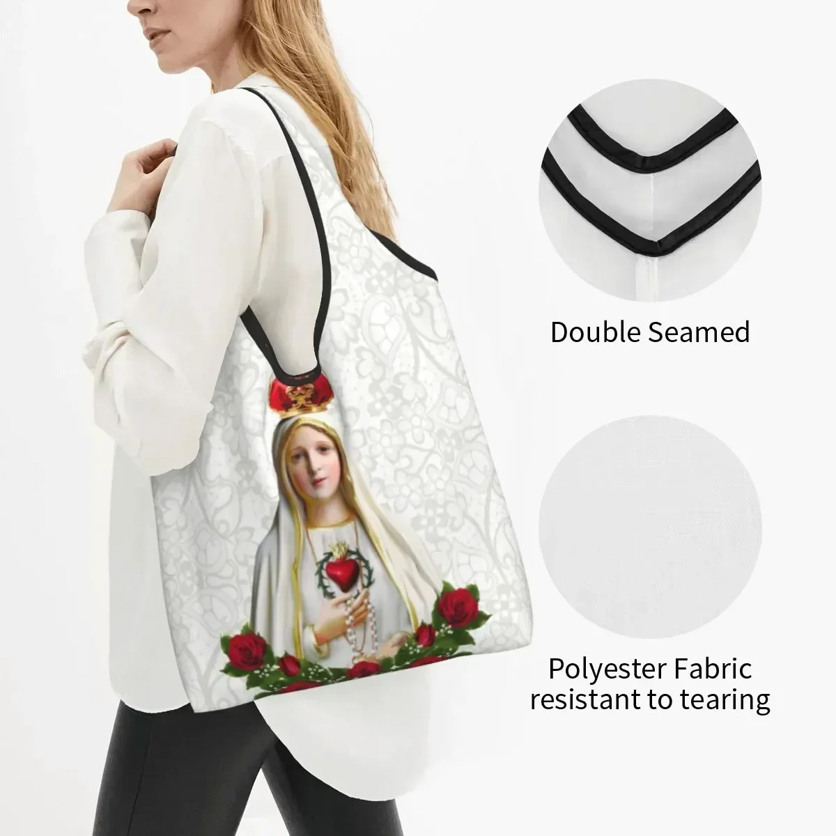 Our Lady Of Fatima Virgin Mary Groceries Shopping Bag Shopper Tote Shoulder Bags Big Portable Portugal Rosary Catholic Handbag