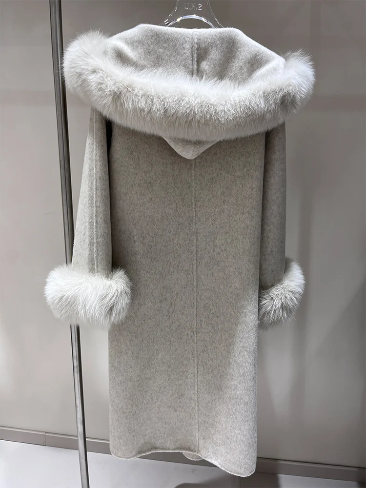 冬用レディース天然リアルフォックスファーカラーカフス付きジャケット 厚手暖かいアウターウェア ロングフード付きウールコート ルーズベルト付きストリートウェアジャケット