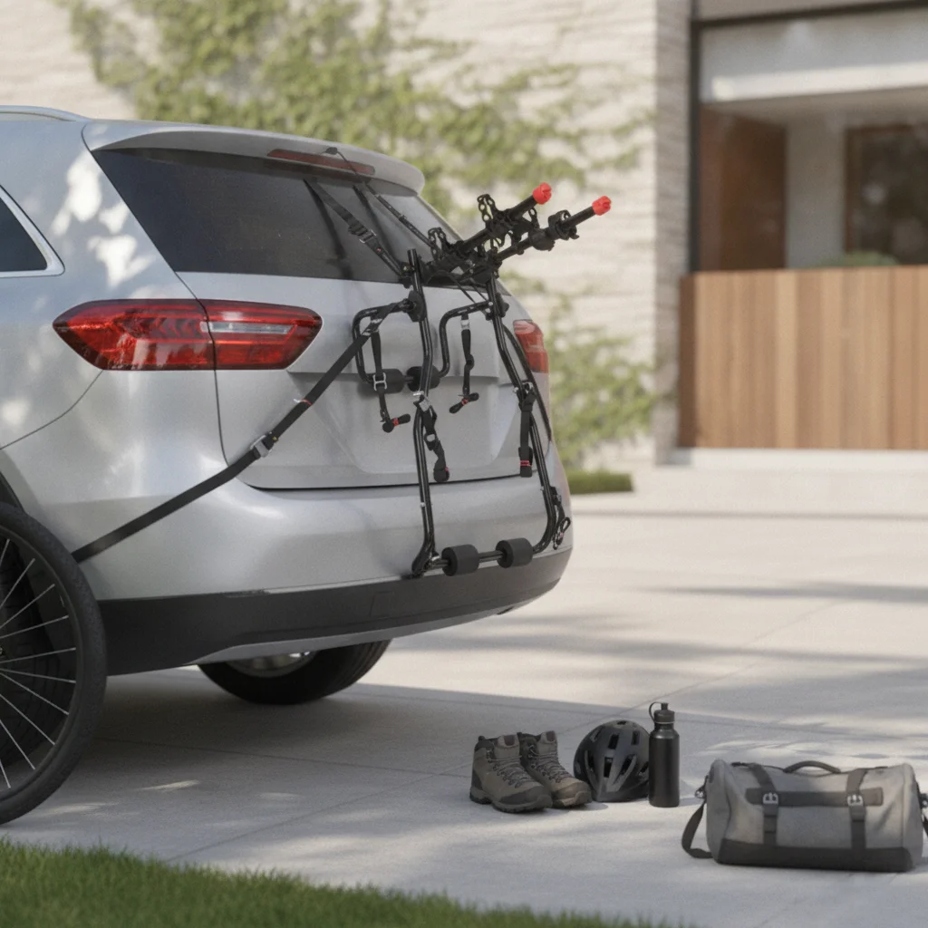 Trunk Bike Rack Strap-on Trunk-Mounted Two-Wheeler Rack Rear-Mount Bike Carrier Padded Stable for Cyclists, Road Trips