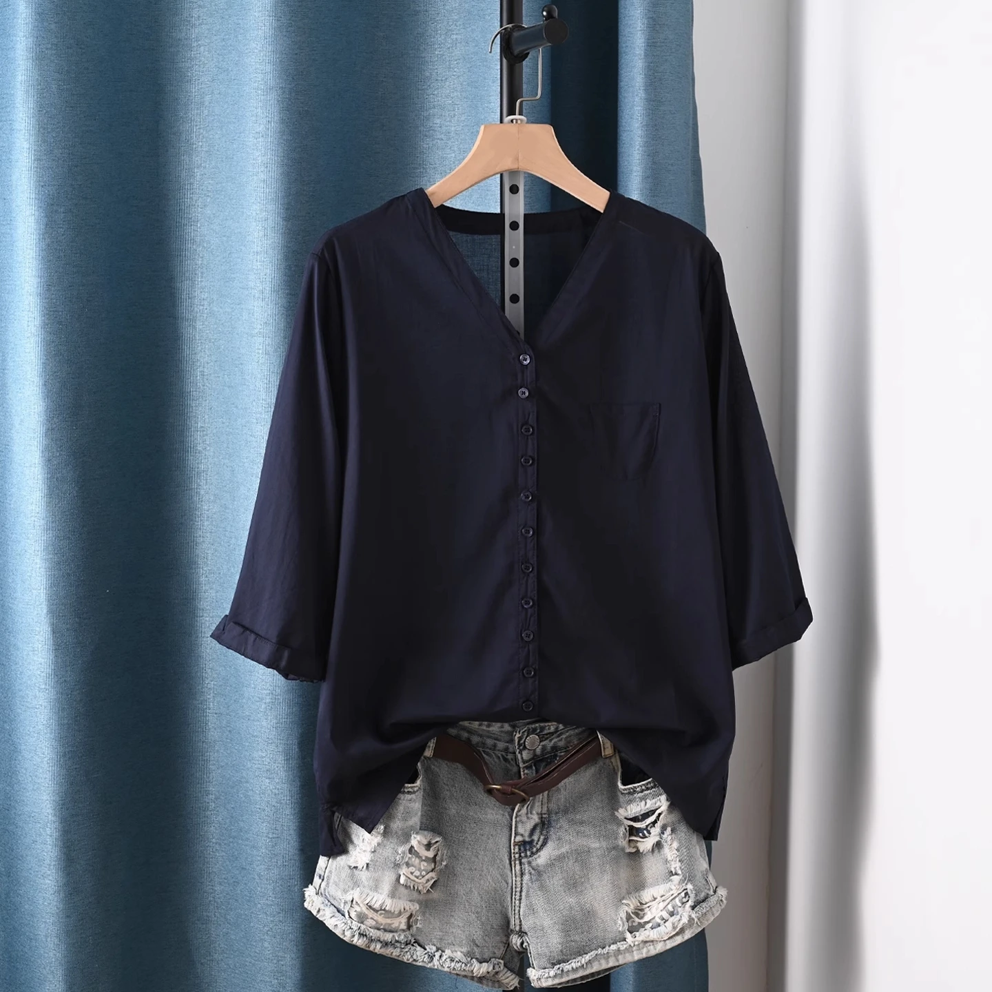 

Luxury brand women's clothing women 100% cotton white navy blue v neck half sleeve shirts and blouses ladies tops