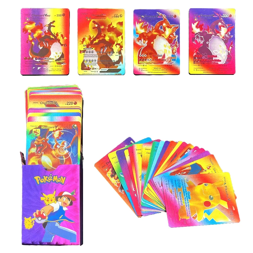 55PCS Pokemon Colorful Gold Foil Card Charizard Pikachu Arceus Diamond Rainbow English French German Spanish VSTAR GX VMAX Cards