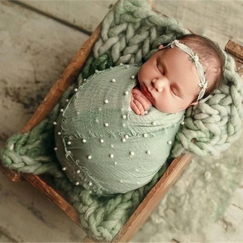 Newborn Photography Blanket Pearl Swaddling Clothes Photography Props Hundred Day Clothing Knitted Headband Hat Wrapping Cloth