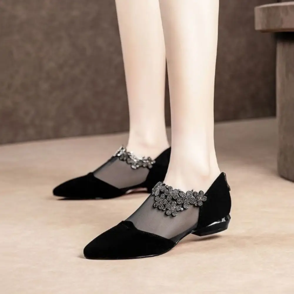 Nouvelles chaussures pointues Water Design, chaussures simples, bottes en maille à strass brillants, sandales à talon épais ornées de fleurs en cristal, collection Printemps