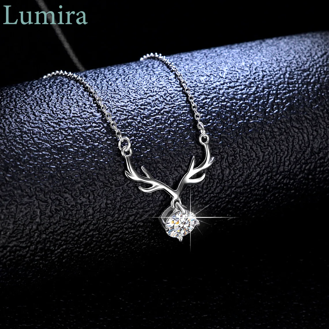 Lumira Journey with You Antler-Shaped Pendant Platinum PT950 Clavicle Chain, 0.5Ct Moissanite Necklace for Women Fine Jewelry