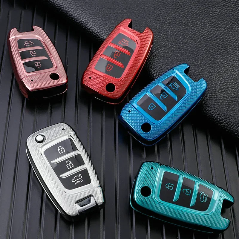 Carbon Fiber TPU Car Flip Key Case Cover for Hyundai Elantra Solaris Tucson I30 I35 I40 KONA Genesis Santa Fe Azera Holder Shell