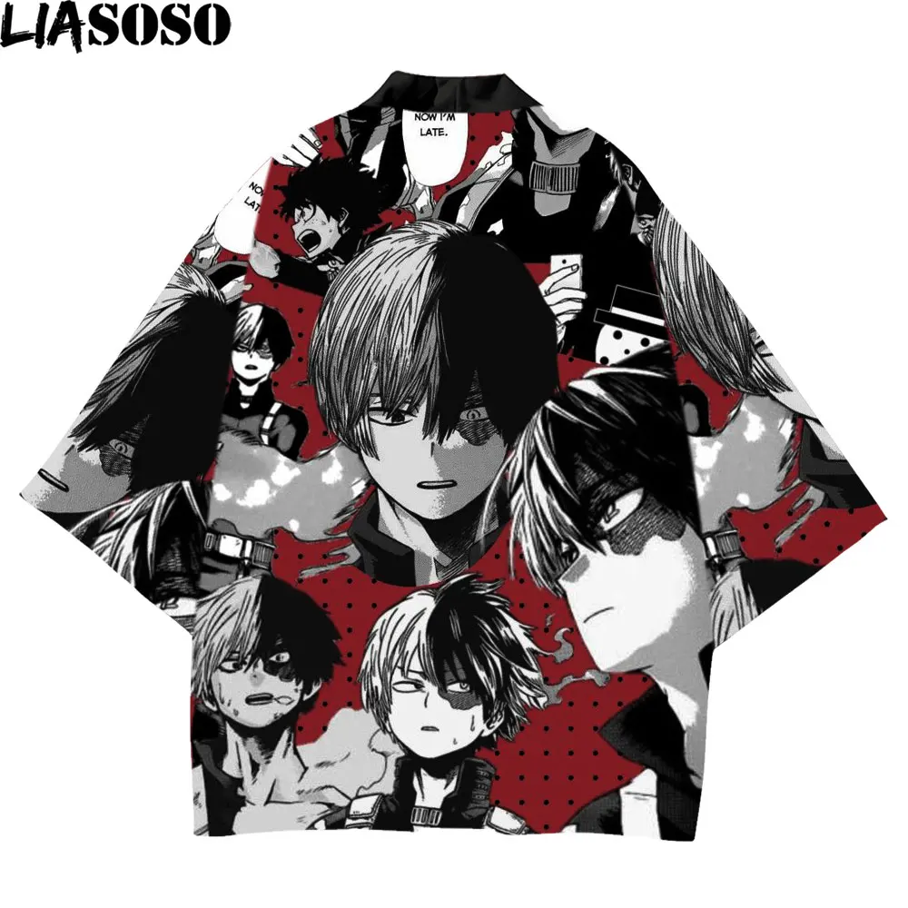 LIASOSO Kemeja Samurai Anime My Hero Academia Todoroki Shoto 3D Jaket Pantai Wanita Pria Segi Cetak Cosplay Haori Harajuku