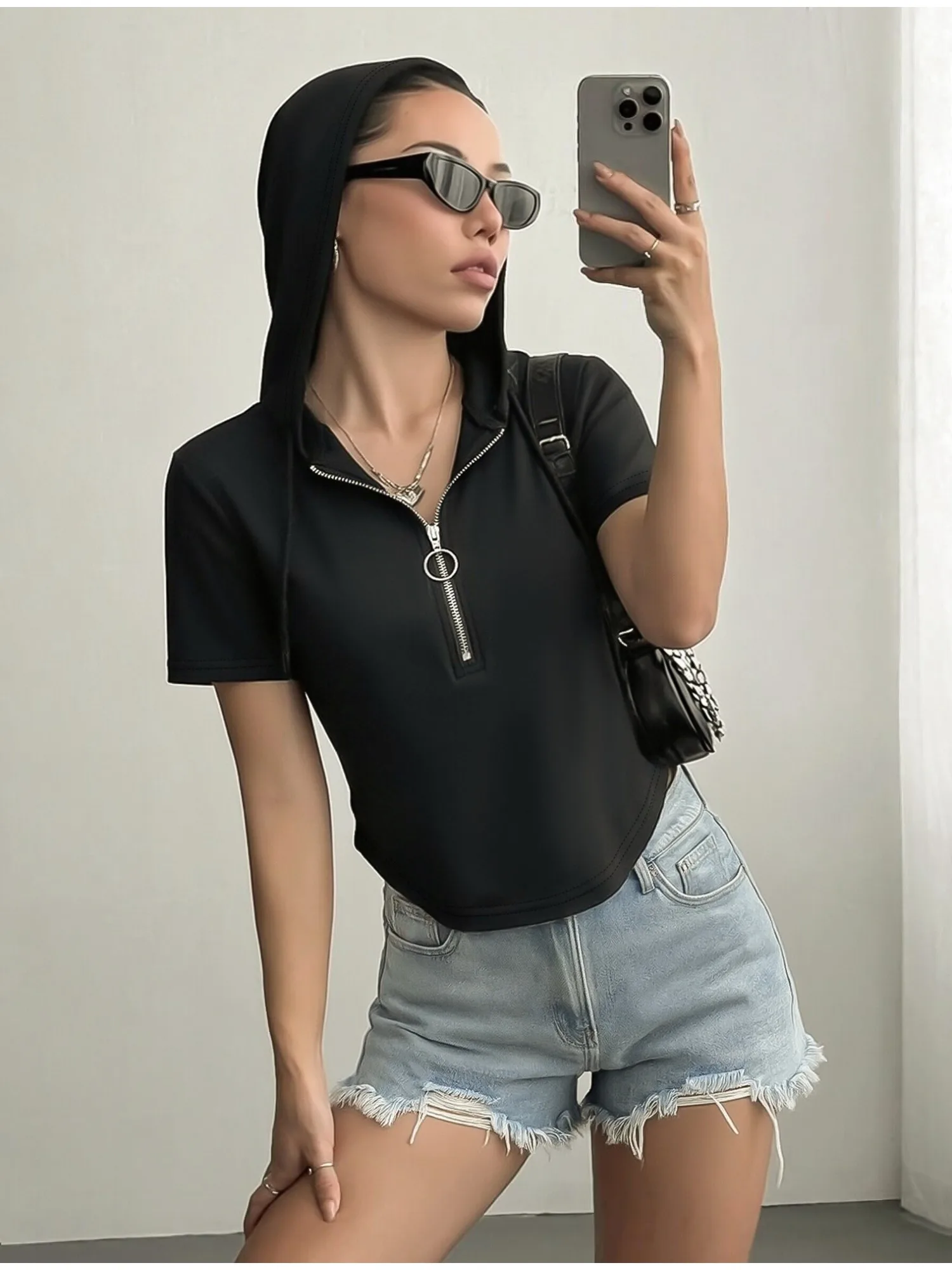 Ladies Summer Loose Cropped Hoodie Short Sleeve Half Zipper Ring Pull Drawstring Design Curved Hem Streetwear Blouse Shirts