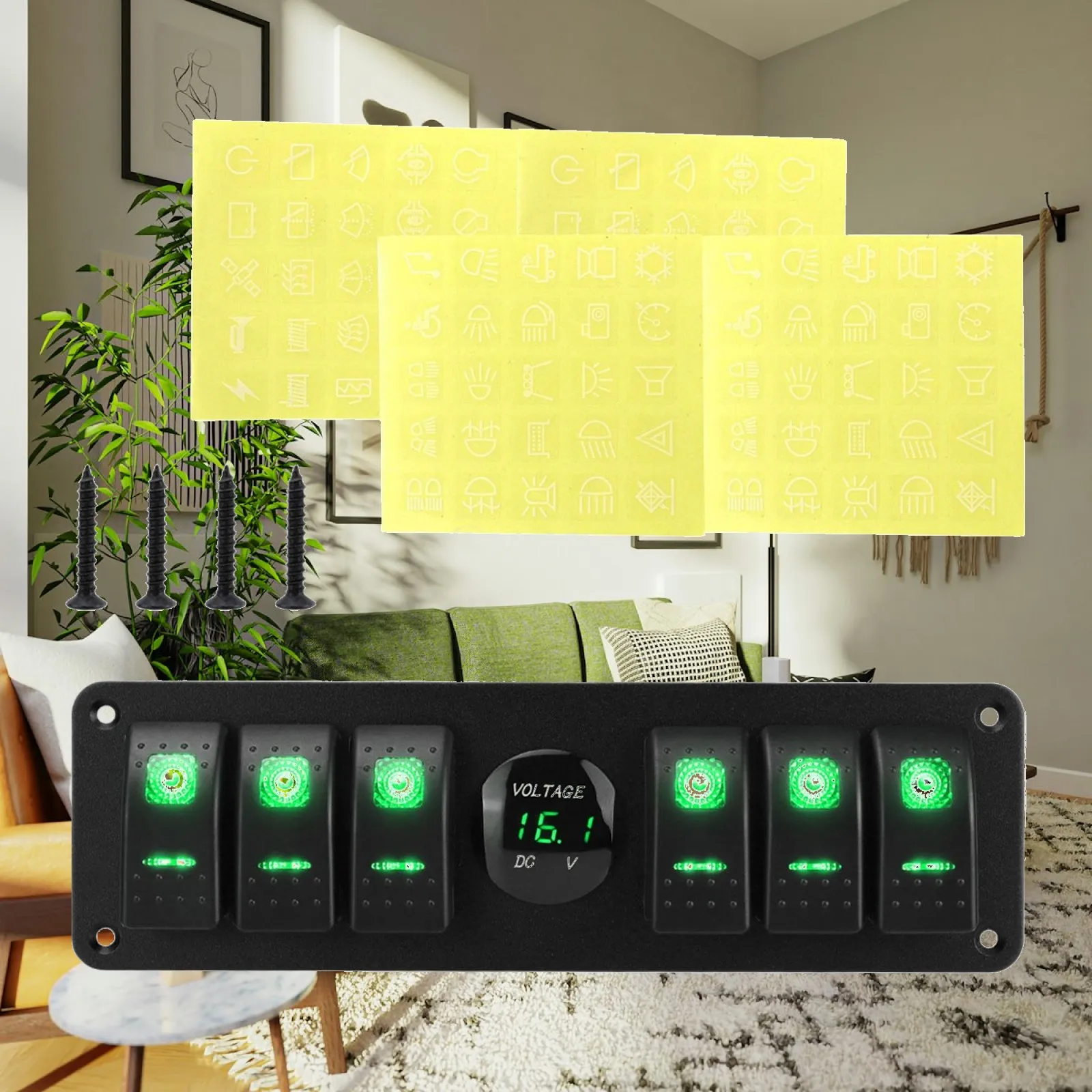 Multifunctional Rocker Switch Panel 6 Gang Pre Wired Waterproof Voltage Display High Performance for Trucks Rvs Marine