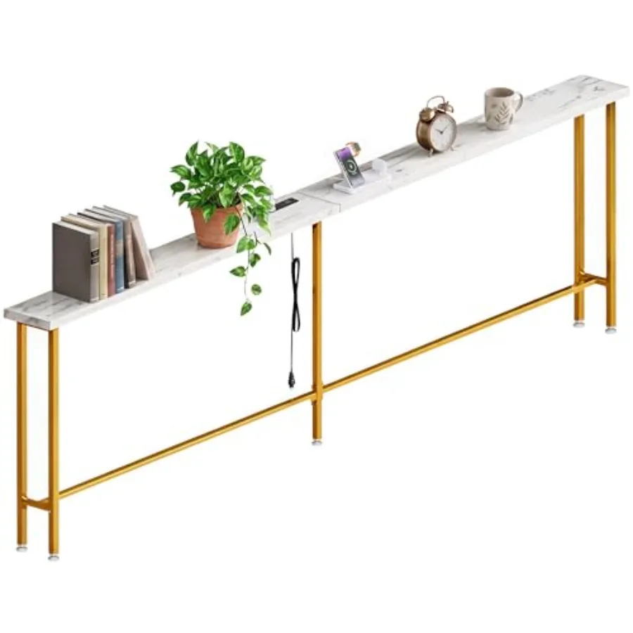 Behind couch sofa table for living room, entryway, hallway; white gold metal; narrow 90-inch console with 2 AC outlets 2 USB po